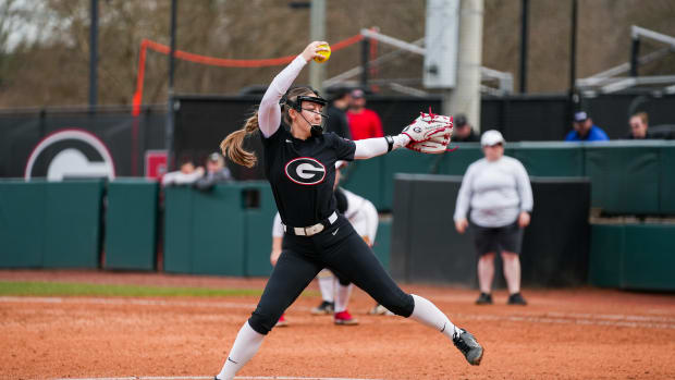Georgia pitcher Madison Kerpics (40) during Georgia’s game against Purdue at Jack Turner Stadium in Athens, Ga., on Sunday, Feb. 11, 2024. (Tony Walsh / UGAAA).